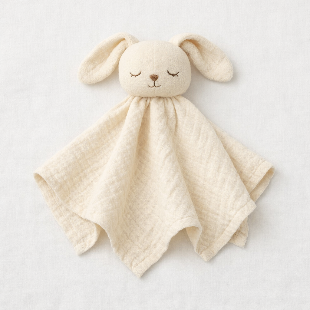 Naya Baby soft muslin sleep comforter soother toy cream bunny white linen flat lay