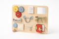 Naya Baby Montessori sensory activity board natural wood latches gears white background