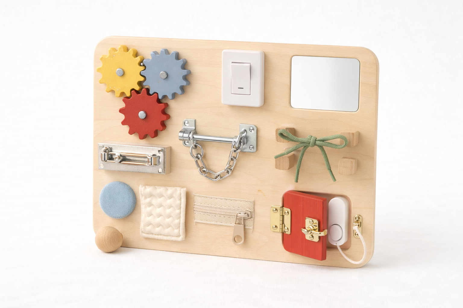 Naya Baby Montessori sensory activity board natural wood latches gears white background
