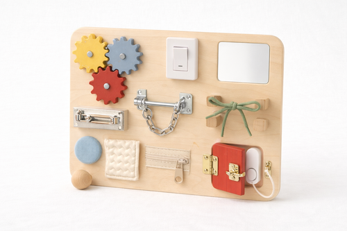 Naya Baby Montessori sensory activity board natural wood latches gears white background