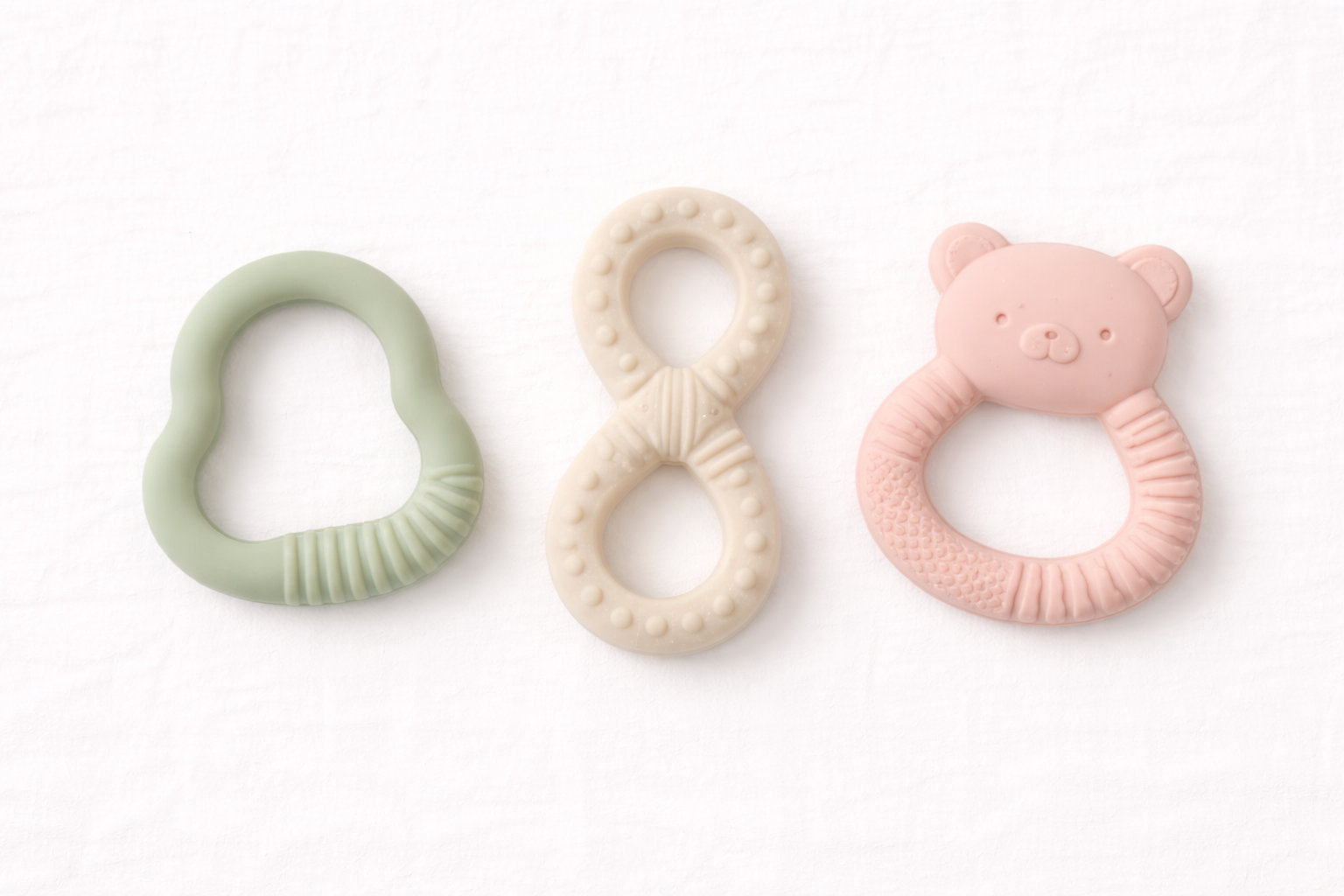 Naya Baby silicone baby teether set pack of 3 BPA-free sage pink sky blue white background