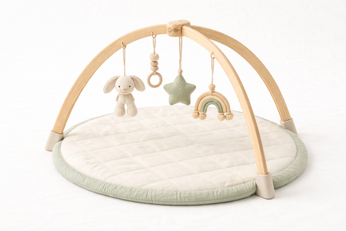 Naya Baby wooden arch baby activity gym and play mat neutral Scandi sage oat white background