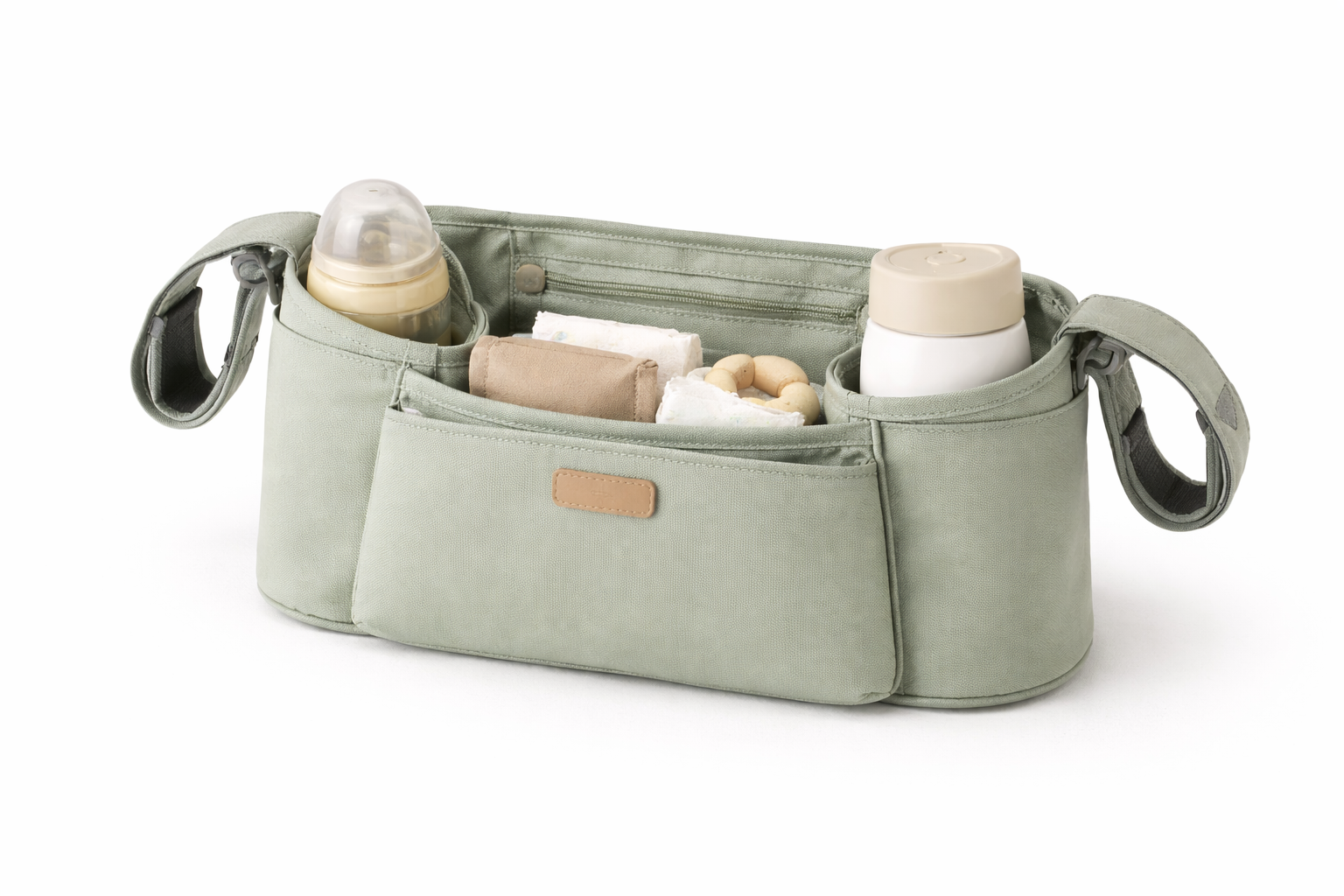 Naya Baby pram and stroller organizer 2 cup holders universal fit sage grey white background