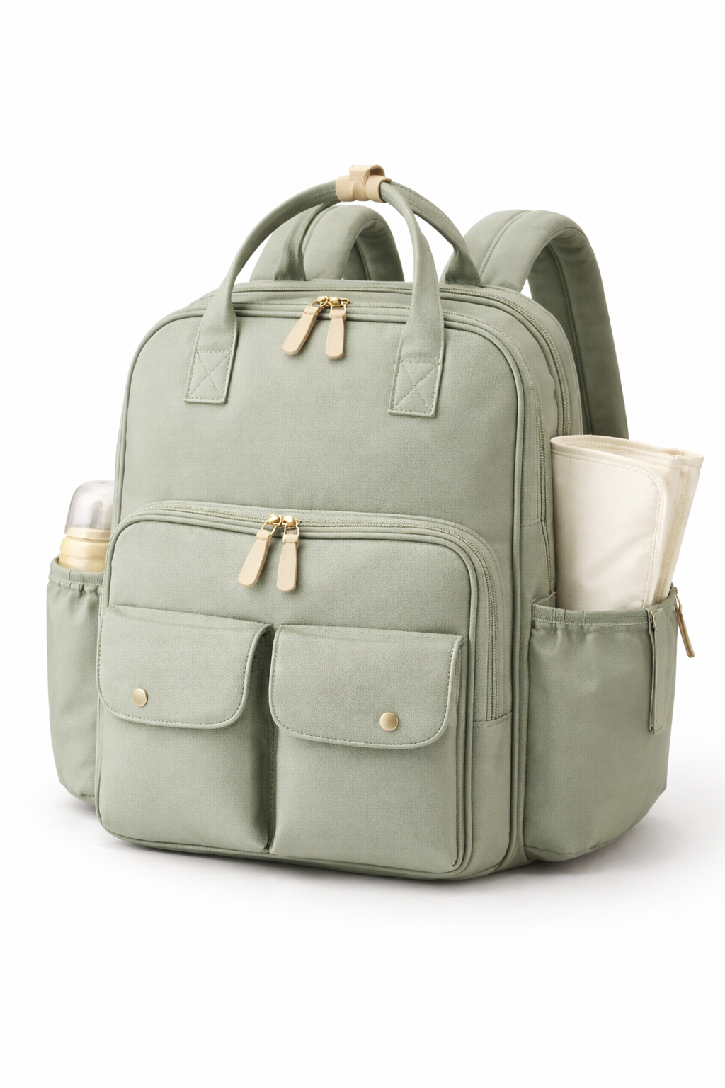 Naya Baby waterproof nappy changing backpack sage green insulated bottle pocket white background